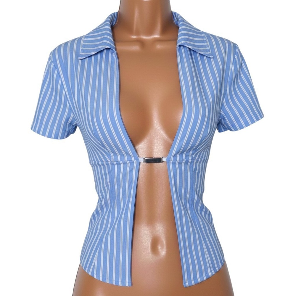 New Medium Baby Blue Stripe Short Sleeve Open Front Crop Top Metal Clasp Closure